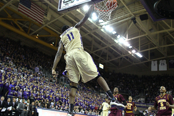 Matthew Bryan-Amaning, with a career-high 30 points, finishes a dunk against Arizona State. (Drew McKenzie photo)