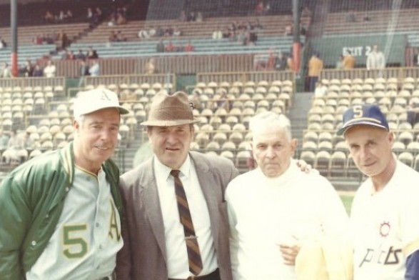 This photograph, snapped in 1969 by Dr. Bill Hutchinson (Fred's brother) at Sicks' Stadium shows, left to right, Joe DiMaggio, Jeff Heath,